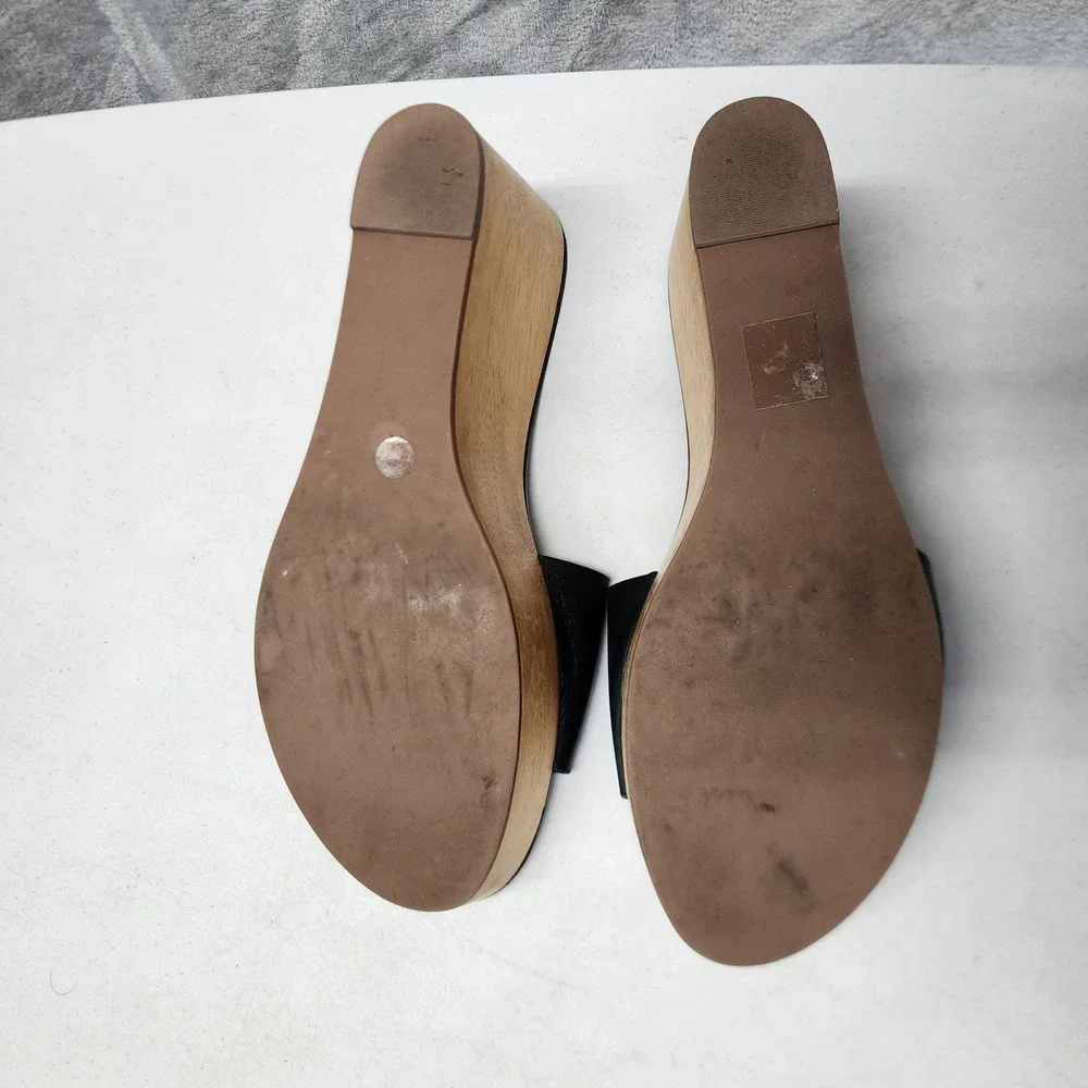 Tory Burch Ines Sandals Womens Size 9.5 Black Leather Wooden Wedge Platform